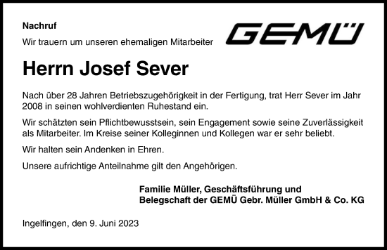 Traueranzeige von Josef Sever von GESAMT