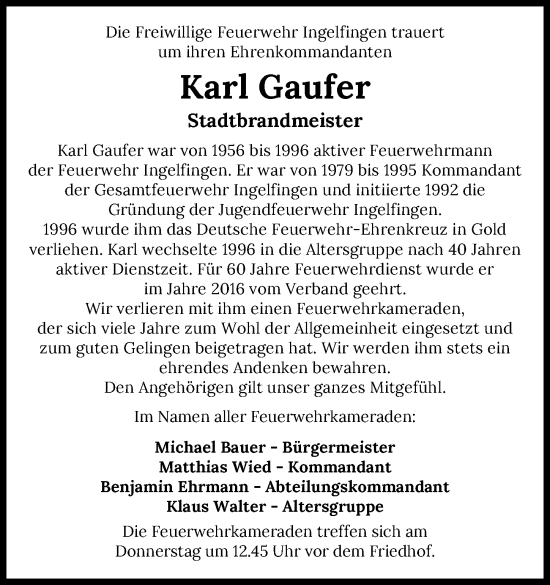 Traueranzeige von Karl Gaufer von GESAMT
