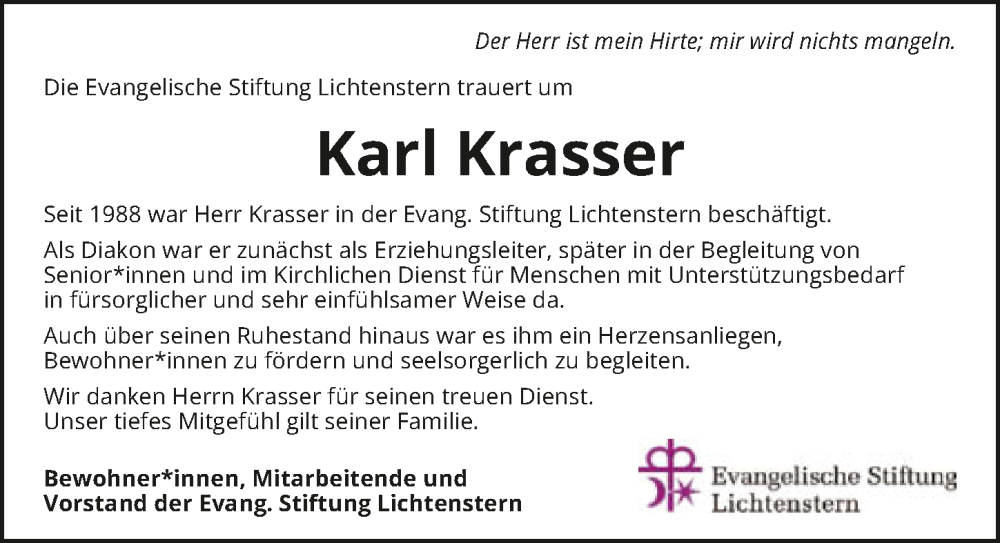  Traueranzeige für Karl Krasser vom 14.06.2023 aus GESAMT