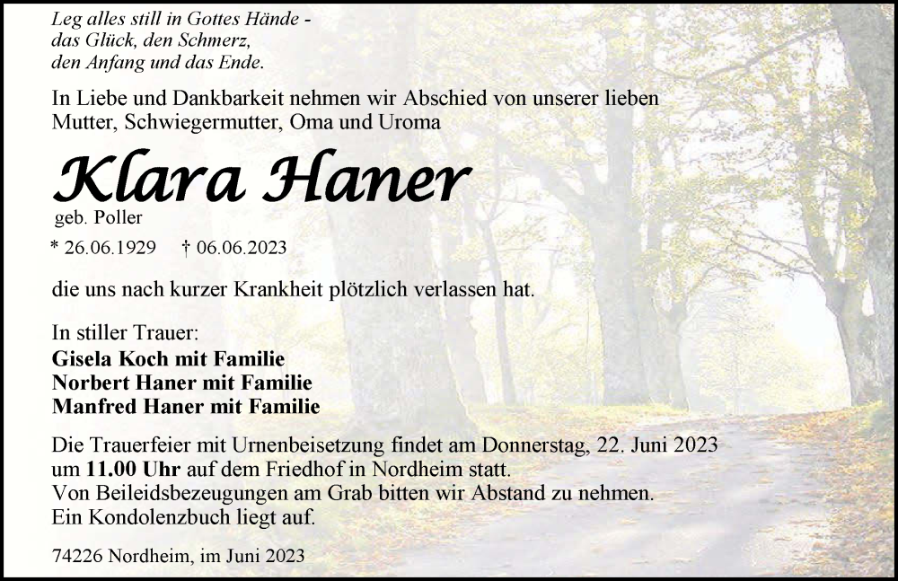  Traueranzeige für Klara Haner vom 15.06.2023 aus GESAMT