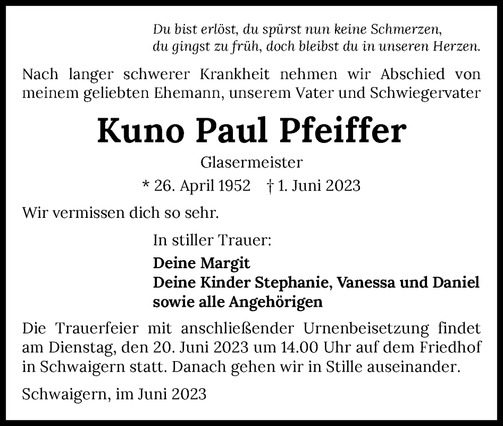 Traueranzeige für Kuno Paul Pfeiffer vom 14.06.2023 aus GESAMT