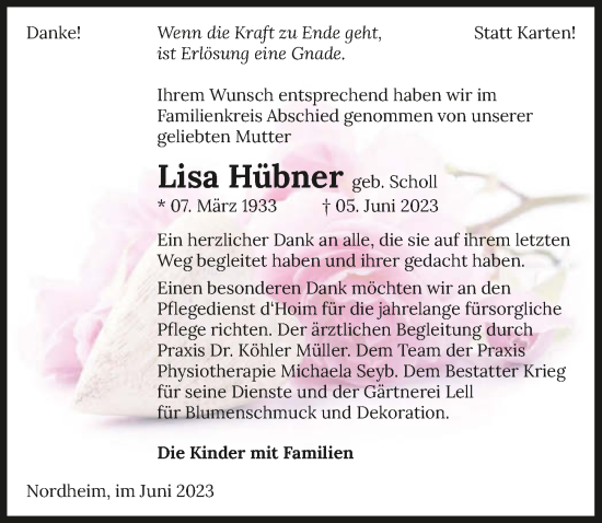 Traueranzeige von Lisa Hübner von GESAMT