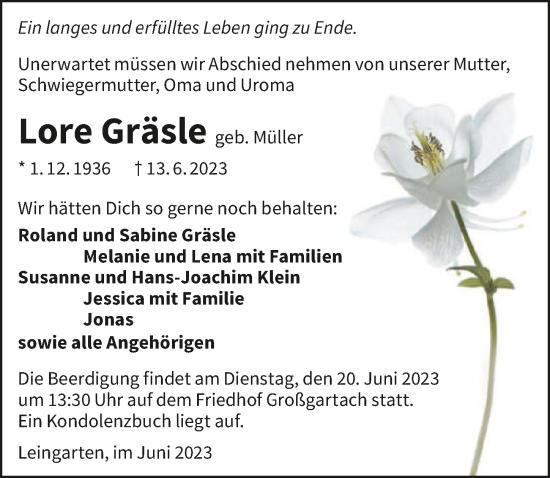 Traueranzeige von Lore Gräsle von GESAMT