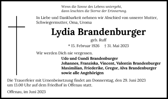 Traueranzeige von Lydia Brandenburger von GESAMT
