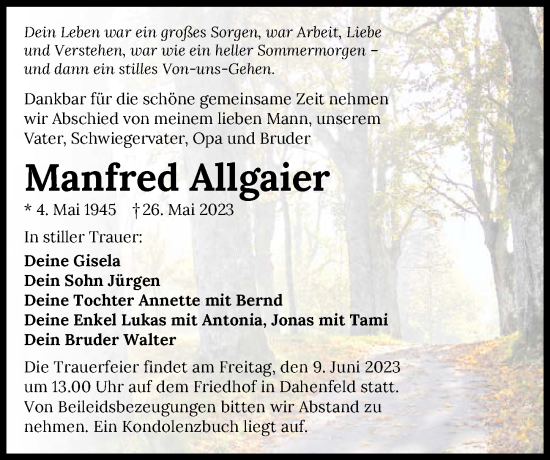 Traueranzeige von Manfred Allgaier von GESAMT