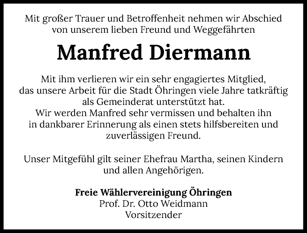  Traueranzeige für Manfred Diermann vom 03.06.2023 aus GESAMT