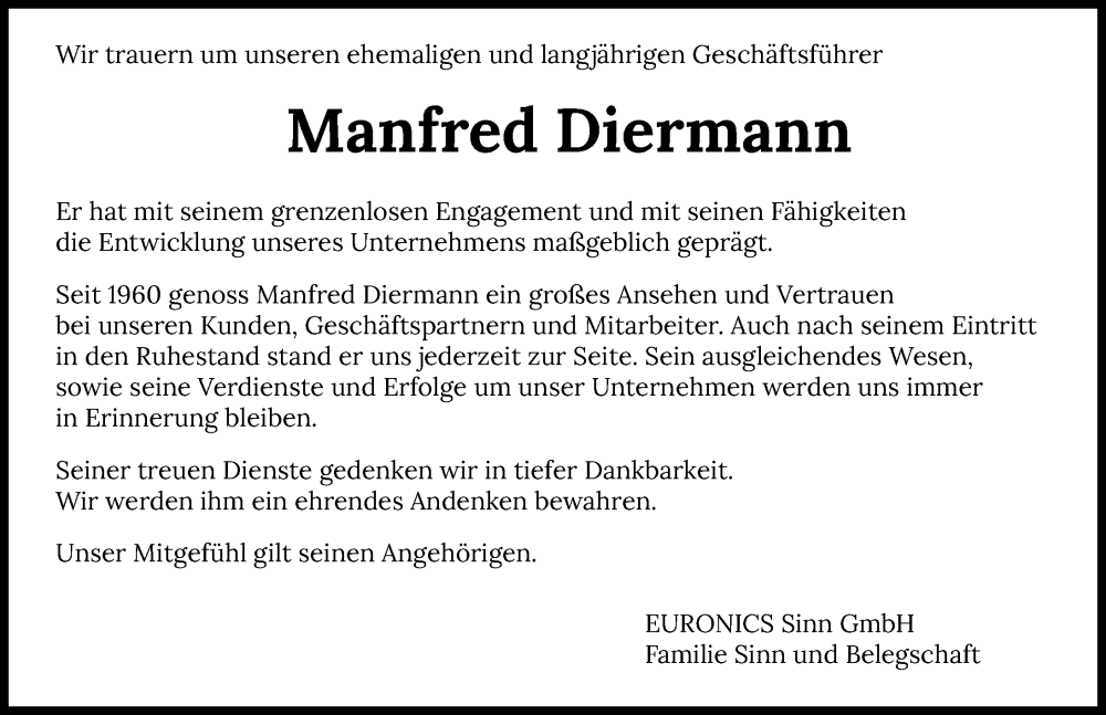  Traueranzeige für Manfred Diermann vom 02.06.2023 aus GESAMT