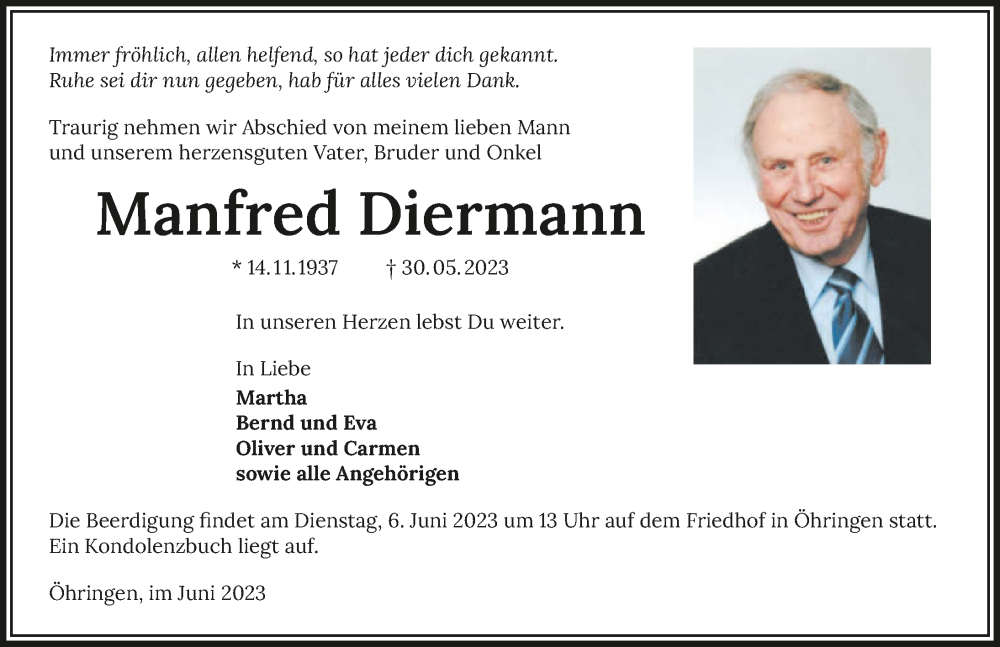  Traueranzeige für Manfred Diermann vom 02.06.2023 aus GESAMT