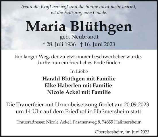 Traueranzeige von Maria Blüthgen von GESAMT