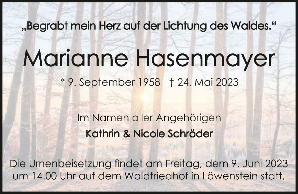  Traueranzeige für Marianne Hasenmayer vom 03.06.2023 aus GESAMT