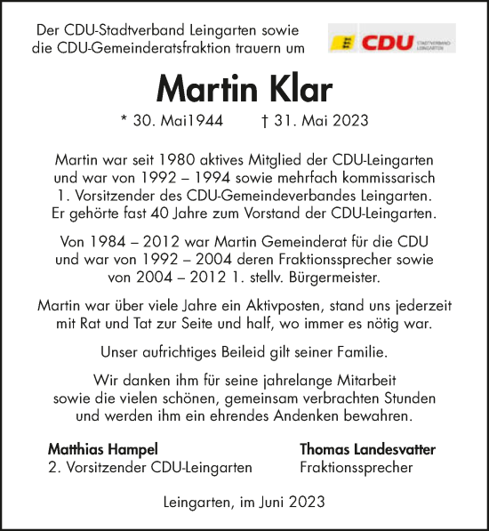 Traueranzeige von Martin Klar von GESAMT