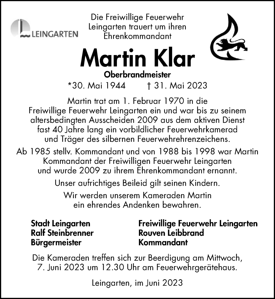 Traueranzeige für Martin Klar vom 03.06.2023 aus GESAMT