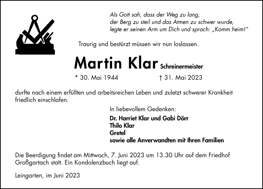  Traueranzeige für Martin Klar vom 03.06.2023 aus GESAMT