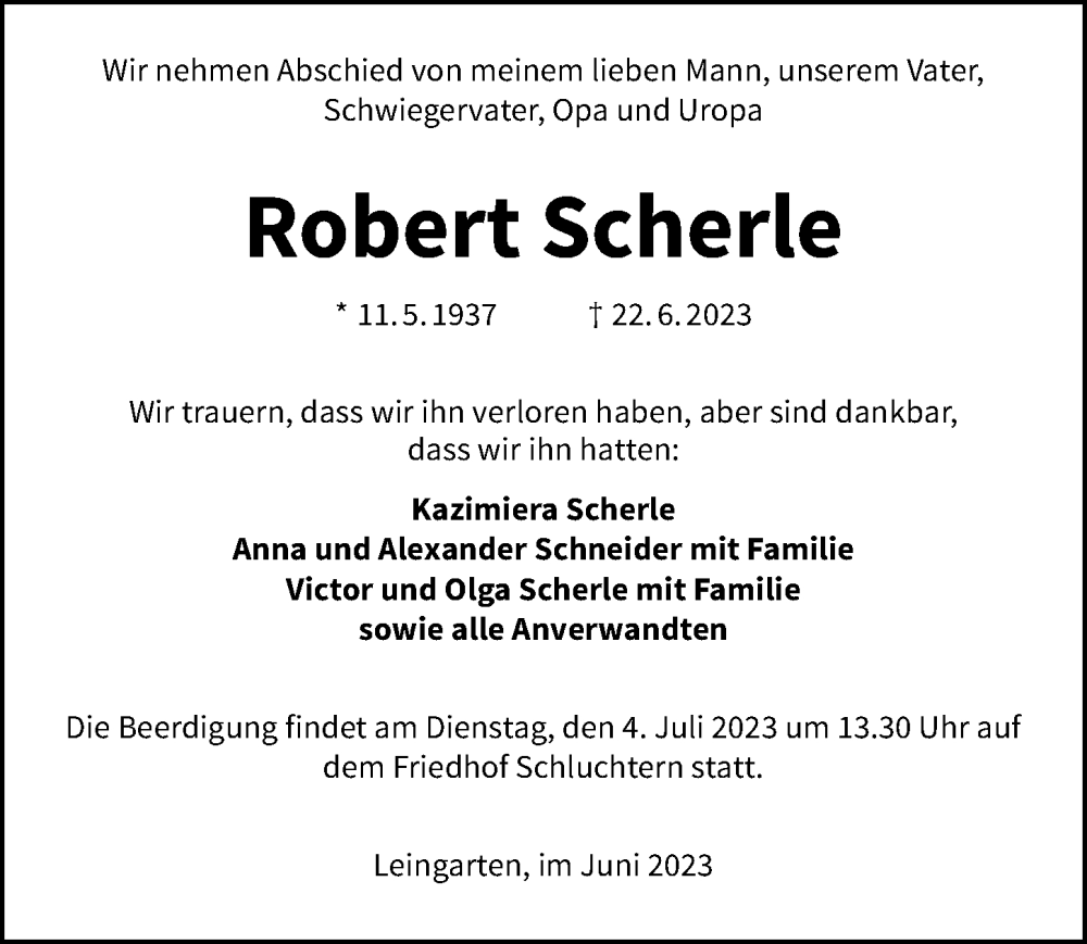  Traueranzeige für Robert Scherle vom 30.06.2023 aus GESAMT
