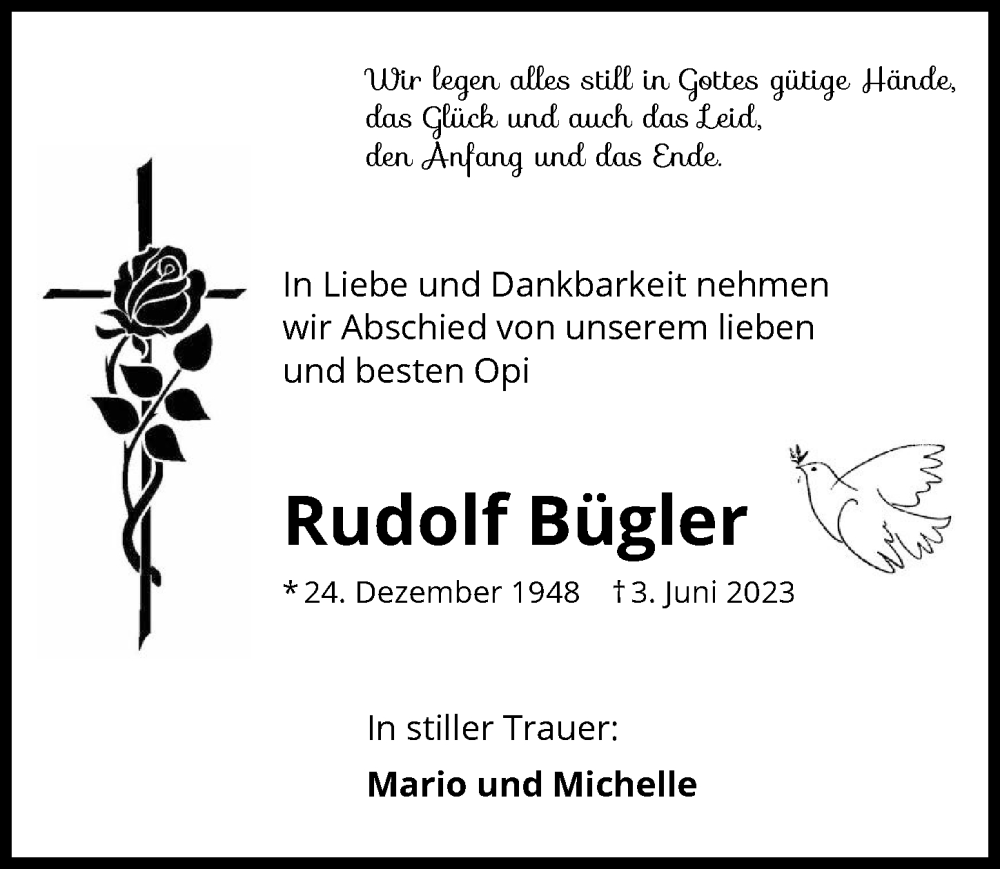  Traueranzeige für Rudolf Bügler vom 07.06.2023 aus GESAMT