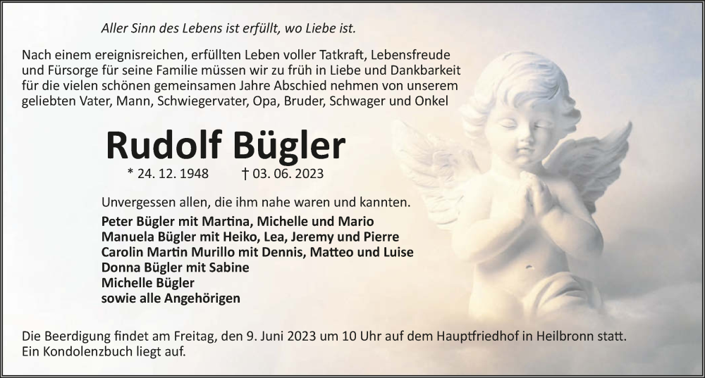  Traueranzeige für Rudolf Bügler vom 06.06.2023 aus GESAMT