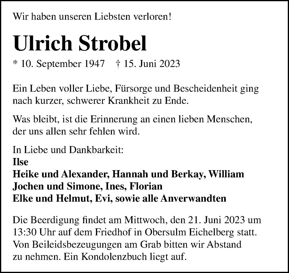 Traueranzeige für Ulrich Strobel vom 17.06.2023 aus GESAMT