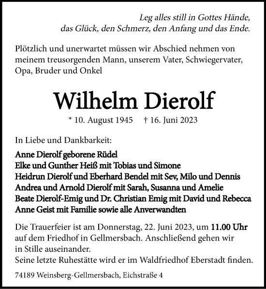 Traueranzeige von Wilhelm Dierolf von GESAMT