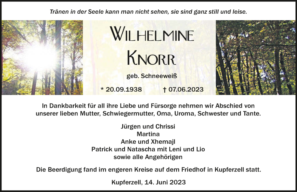  Traueranzeige für Wilhelmine Knorr vom 14.06.2023 aus GESAMT