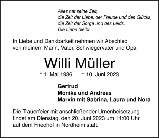Traueranzeige von Willi Müller von GESAMT