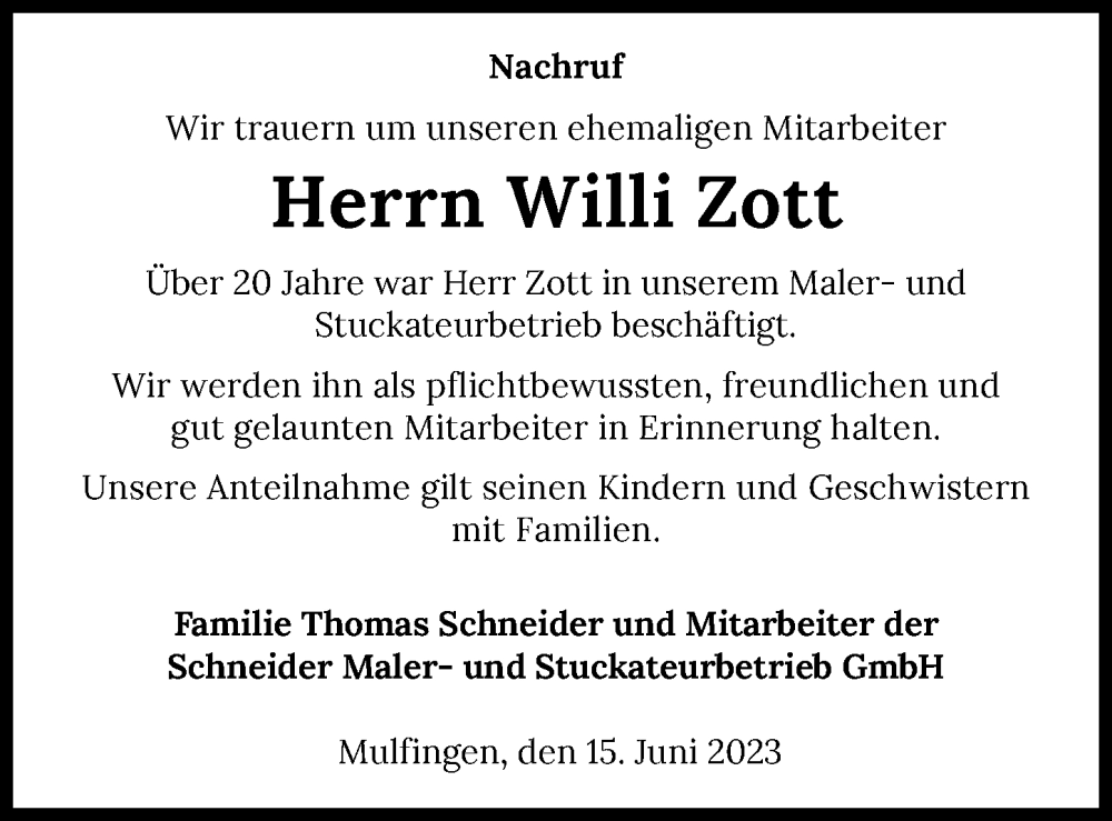  Traueranzeige für Willi Zott vom 17.06.2023 aus GESAMT