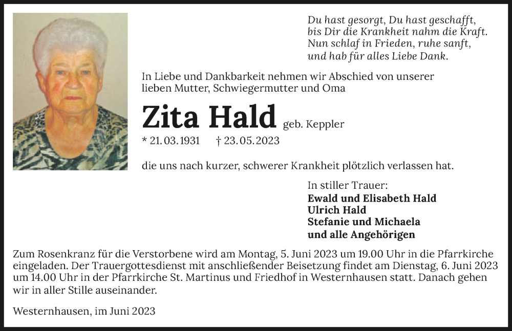  Traueranzeige für Zita Hald vom 01.06.2023 aus GESAMT