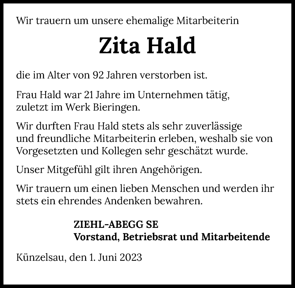  Traueranzeige für Zita Hald vom 01.06.2023 aus GESAMT