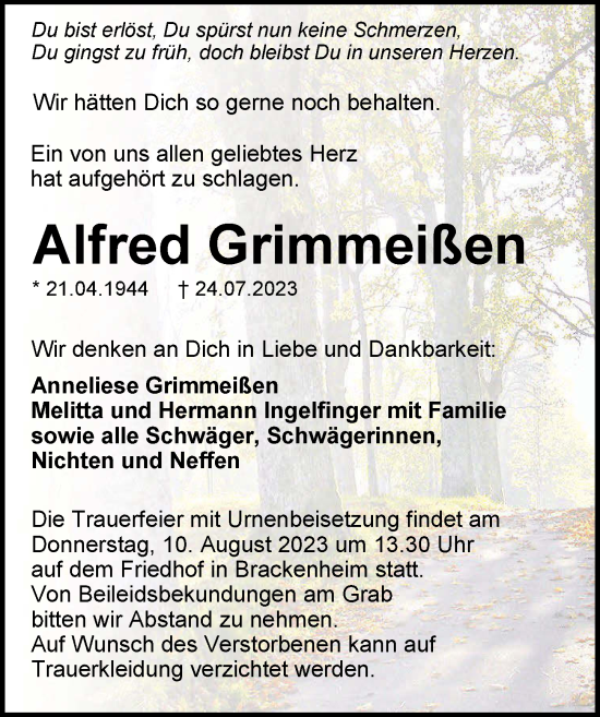 Traueranzeige von Alfred Grimmeißen von GESAMT