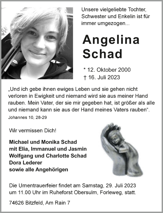 Traueranzeige von Angelina Schad von GESAMT