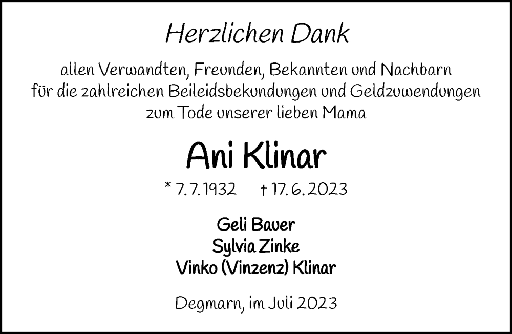  Traueranzeige für Ani Klinar vom 22.07.2023 aus GESAMT
