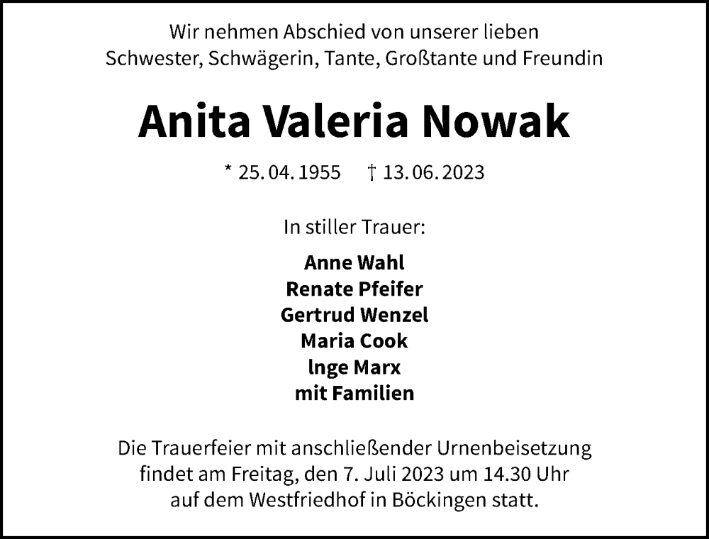  Traueranzeige für Anita Valeria Nowak vom 01.07.2023 aus GESAMT