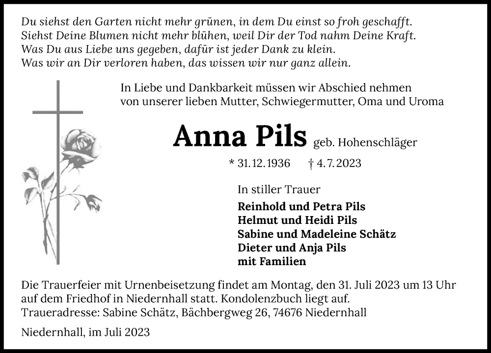  Traueranzeige für Anna Pils vom 24.07.2023 aus GESAMT
