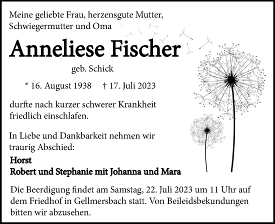 Traueranzeige von Anneliese Fischer von GESAMT