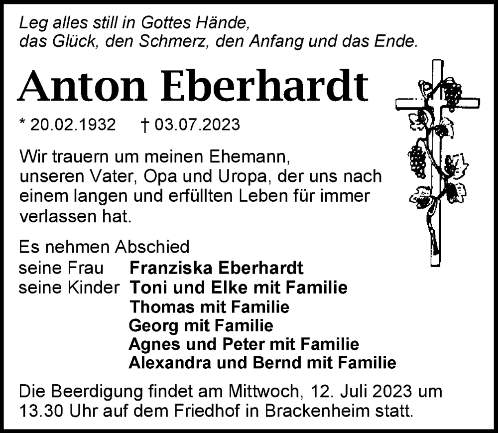  Traueranzeige für Anton Eberhardt vom 08.07.2023 aus GESAMT