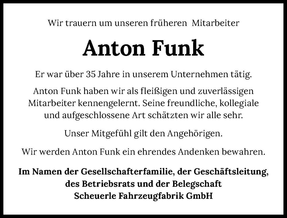  Traueranzeige für Anton Funk vom 14.07.2023 aus GESAMT
