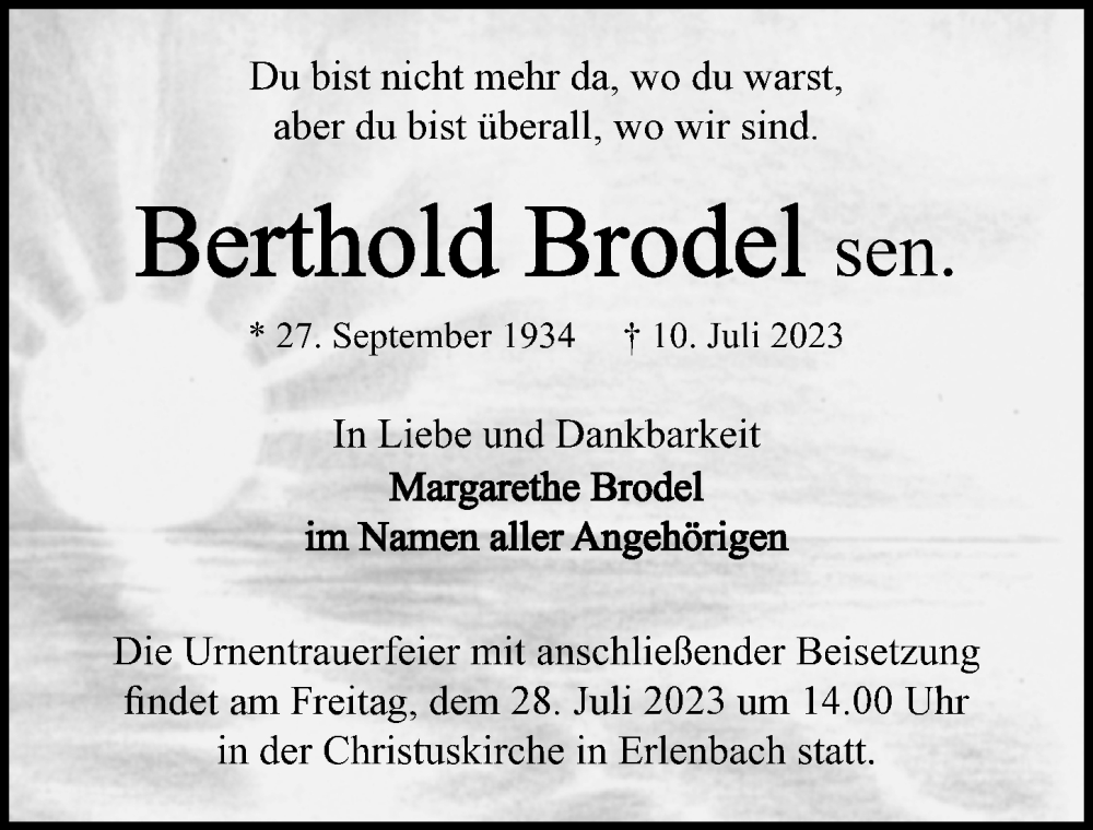  Traueranzeige für Berthold Brodel vom 22.07.2023 aus GESAMT
