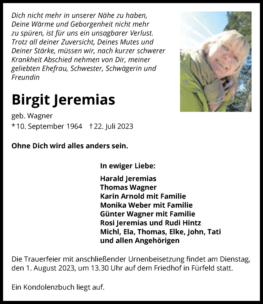  Traueranzeige für Birgit Jeremias vom 29.07.2023 aus GESAMT
