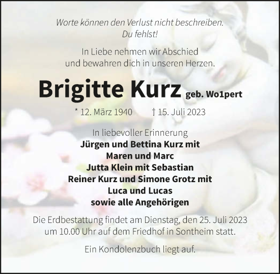 Traueranzeige von Brigitte Kurz von GESAMT