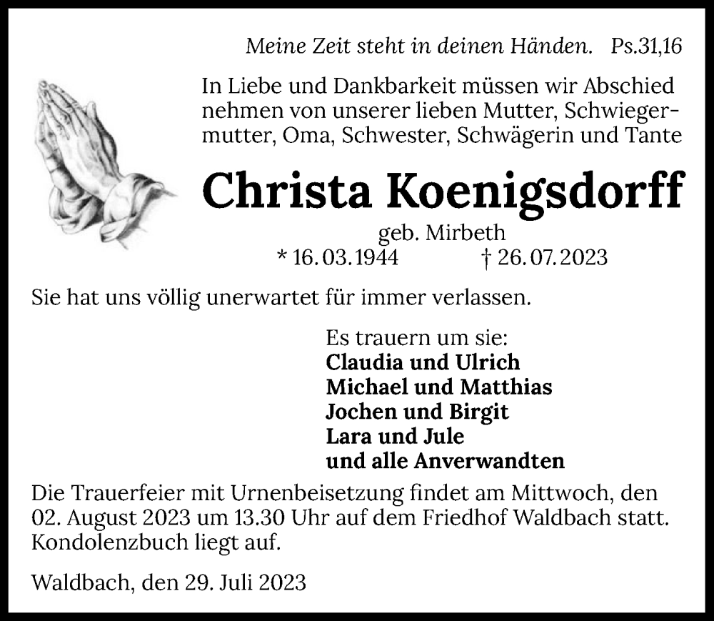  Traueranzeige für Christa Königsdorff vom 29.07.2023 aus GESAMT