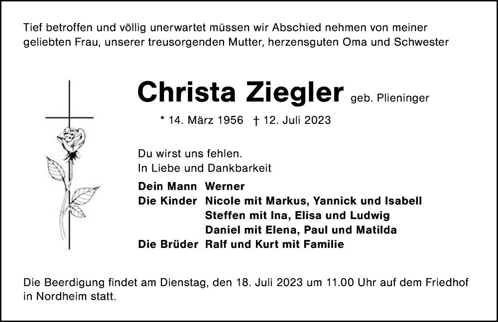  Traueranzeige für Christa Ziegler vom 15.07.2023 aus GESAMT