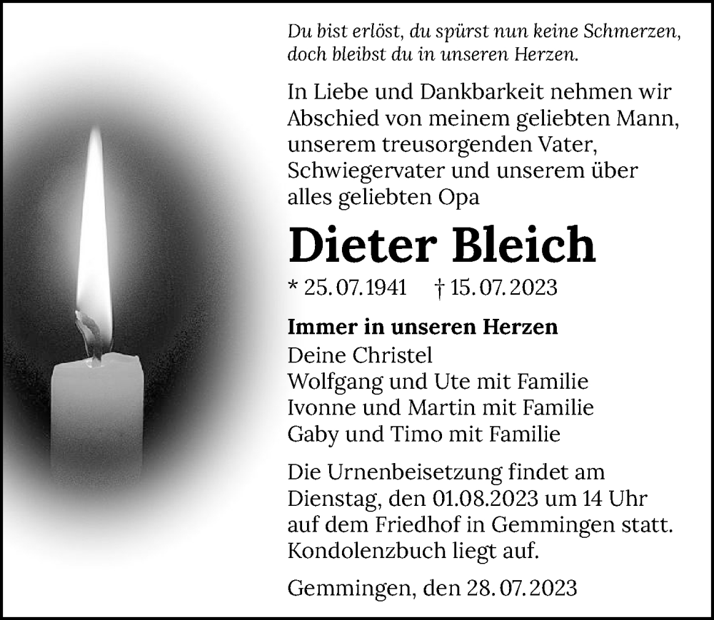  Traueranzeige für Dieter Bleich vom 28.07.2023 aus GESAMT
