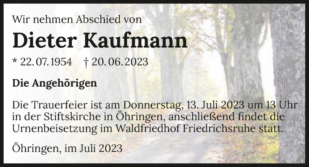  Traueranzeige für Dieter Kaufmann vom 01.07.2023 aus GESAMT