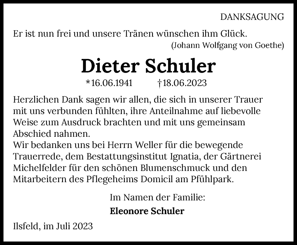  Traueranzeige für Dieter Schuler vom 19.07.2023 aus GESAMT