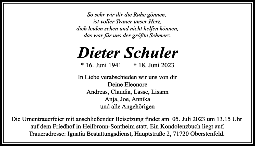  Traueranzeige für Dieter Schuler vom 01.07.2023 aus GESAMT