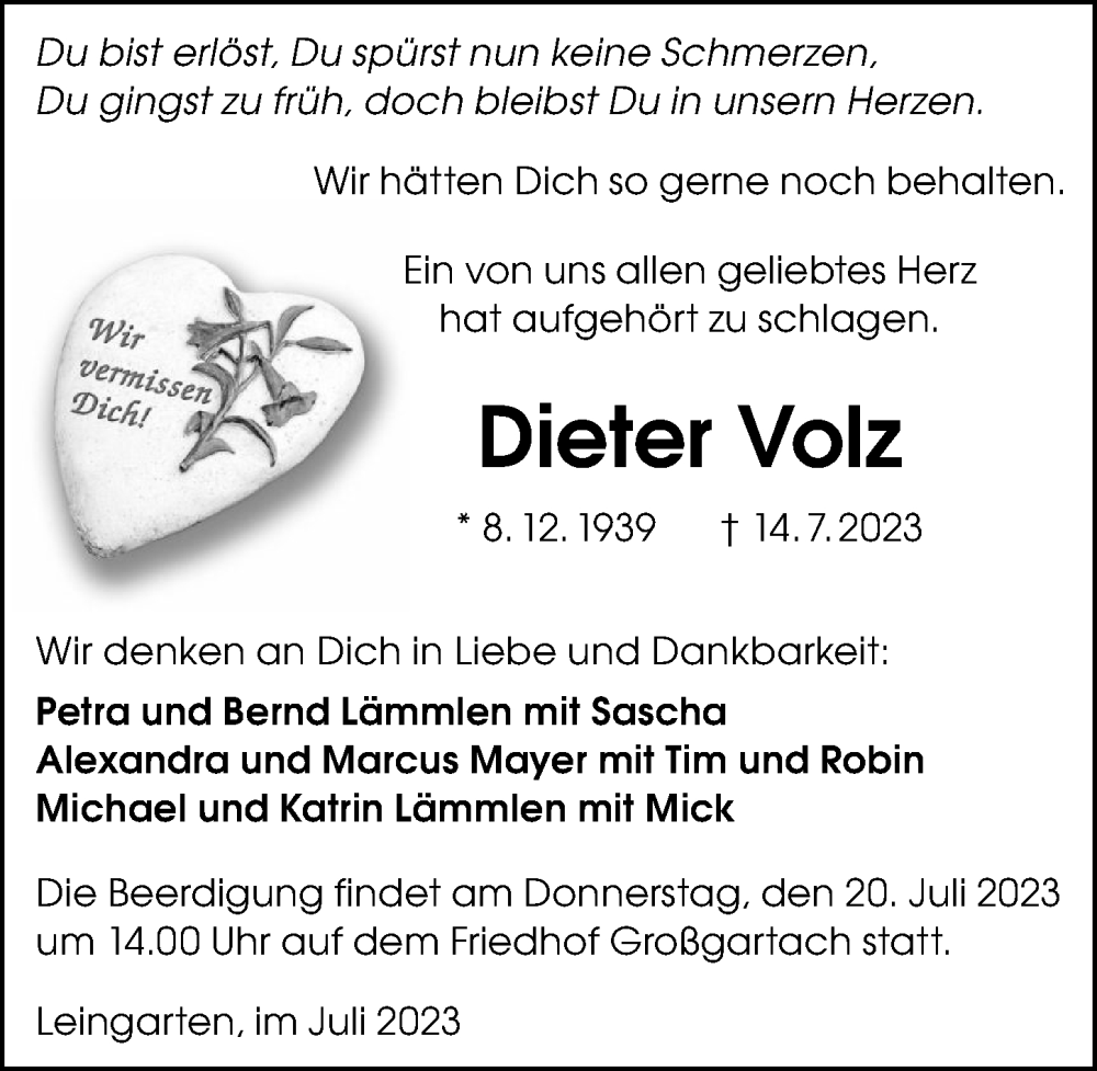  Traueranzeige für Dieter Volz vom 18.07.2023 aus GESAMT