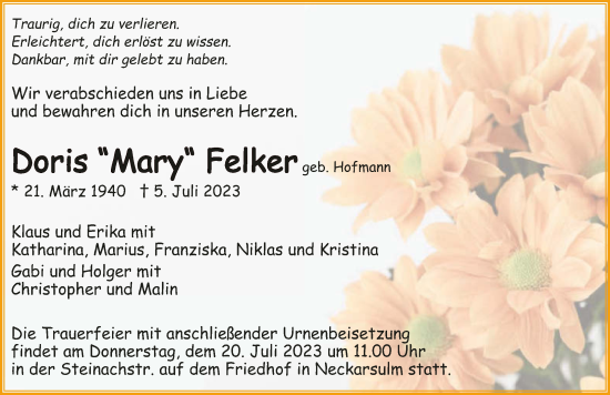Traueranzeige von Doris Felker von GESAMT