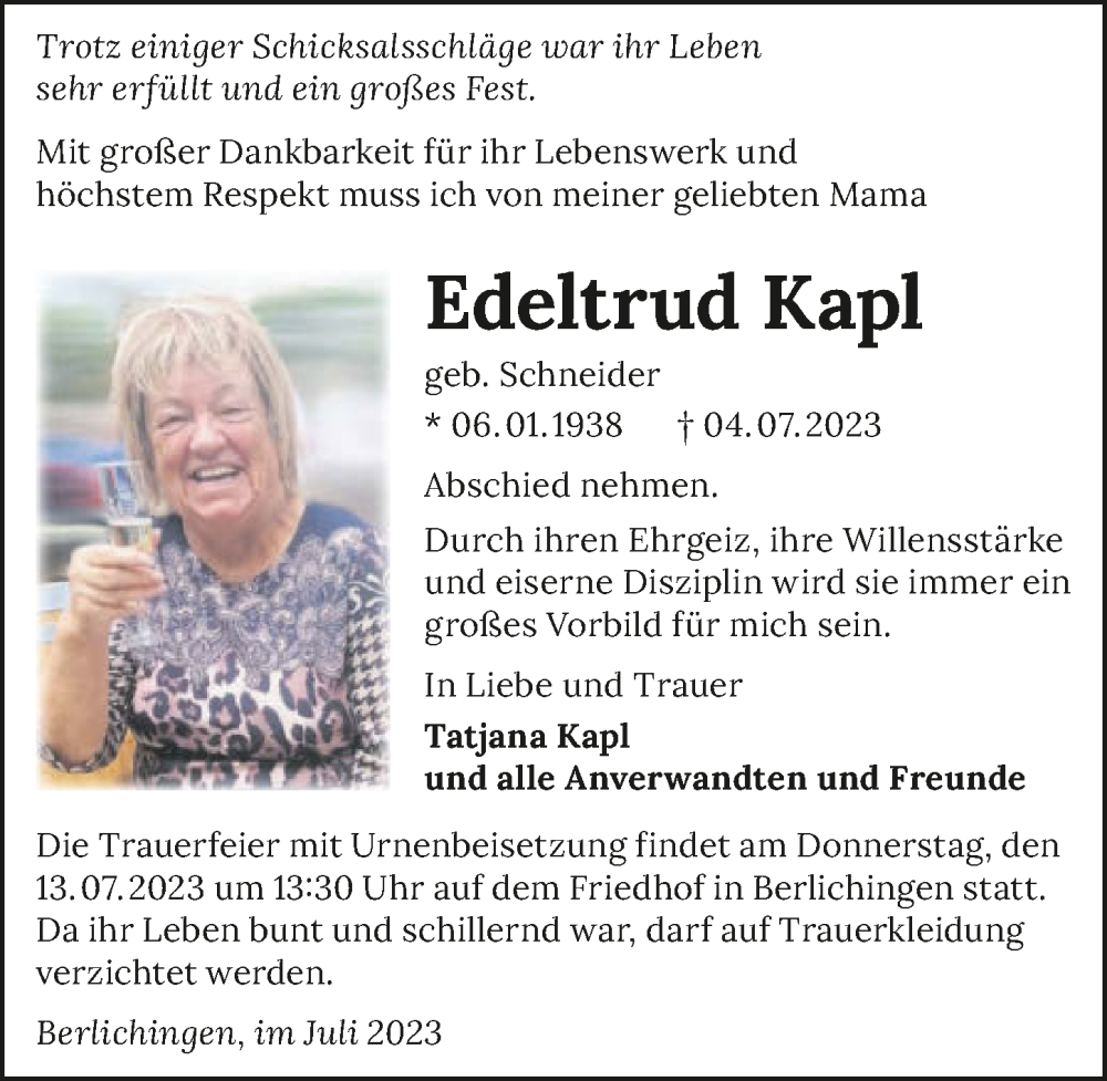  Traueranzeige für Edeltrud Kapl vom 11.07.2023 aus GESAMT