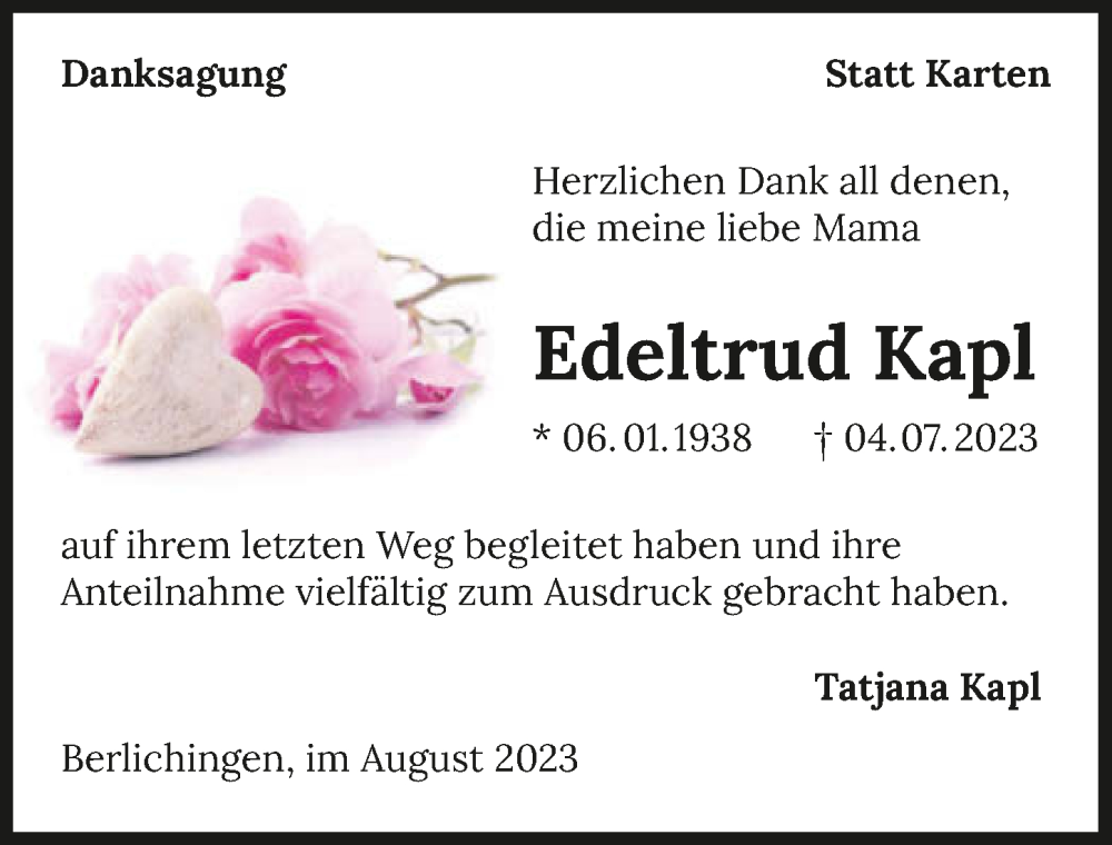  Traueranzeige für Edeltrud Kapl vom 28.07.2023 aus GESAMT