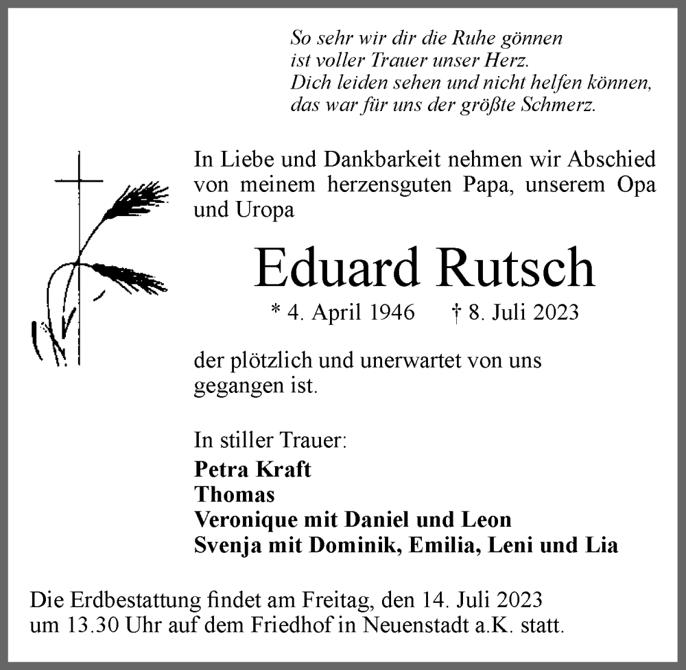  Traueranzeige für Eduard Rutsch vom 11.07.2023 aus GESAMT
