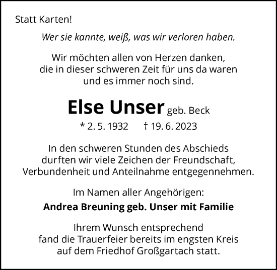 Traueranzeige von Else Unser von GESAMT
